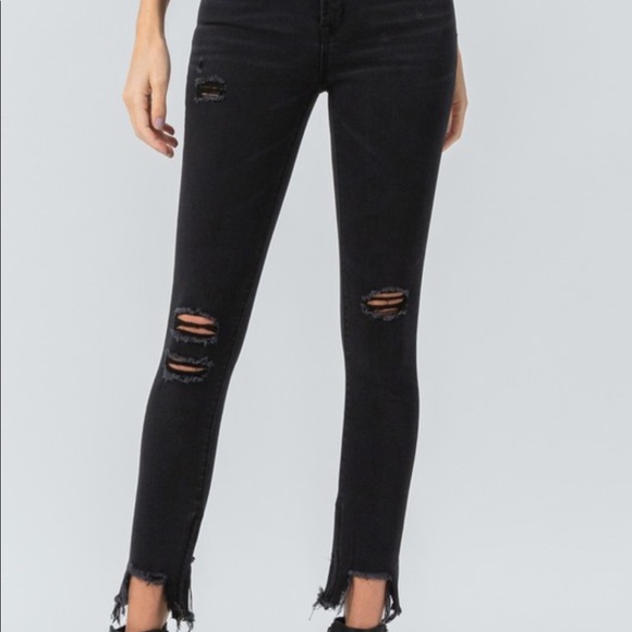 Midrise distressed shark bite skinny black jean - Picture 5 of 7